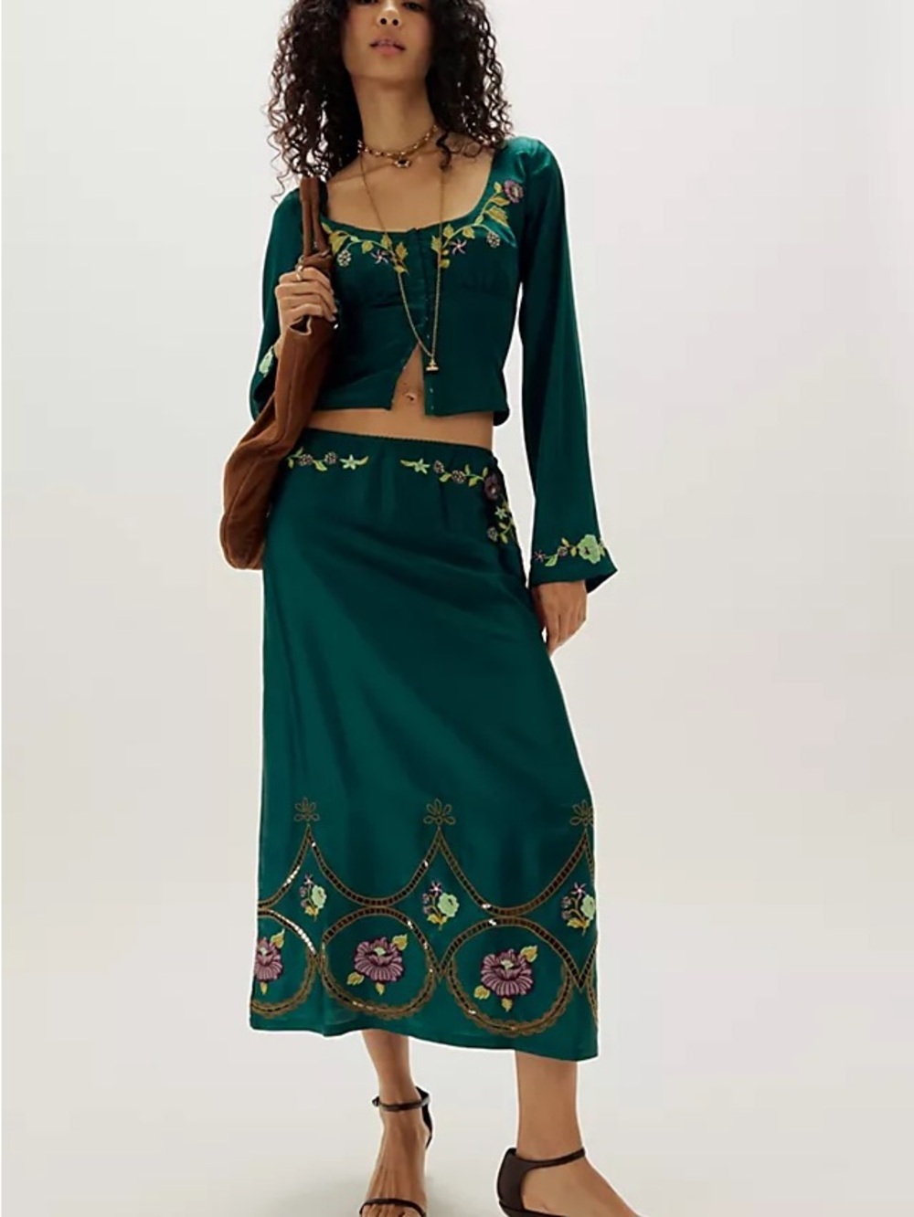 Free People Emerald Green Embroidered Two-Piece Set Small